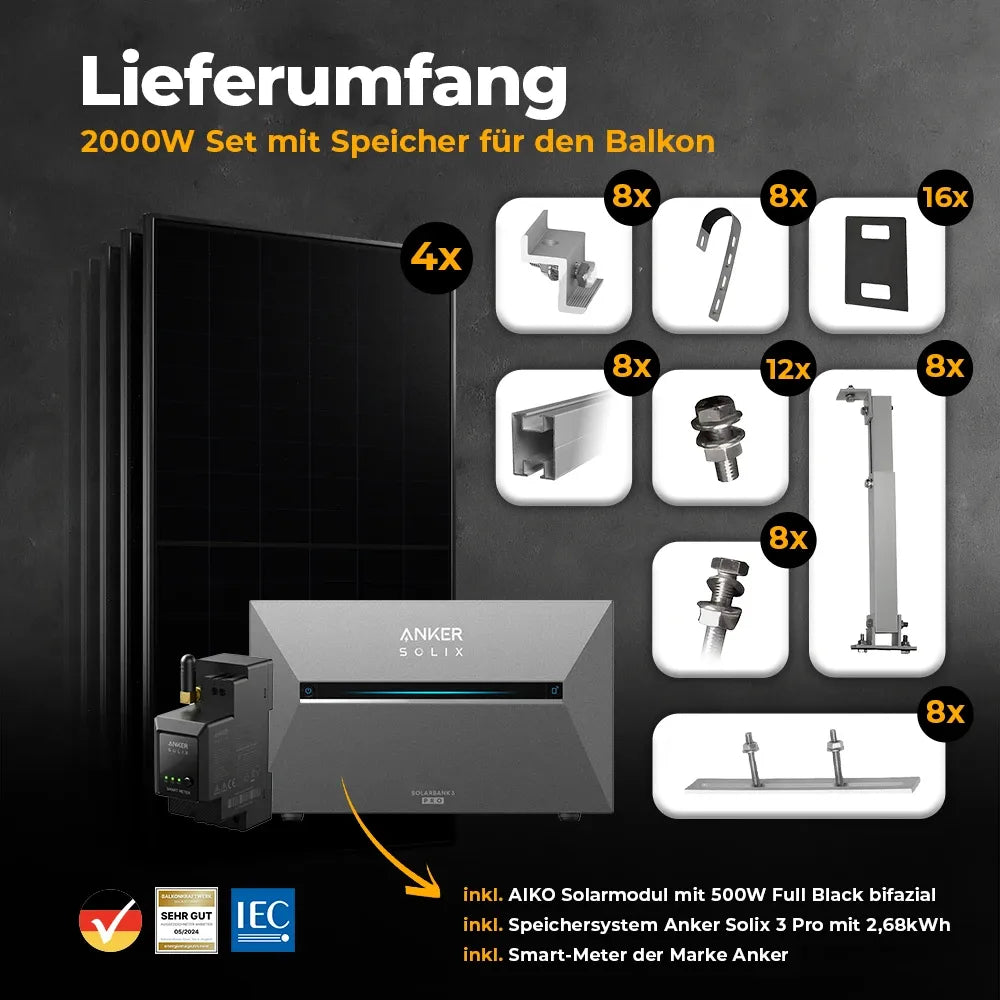 Balkonkraftwerk mit Anker SOLIX Solarbank 3 Pro 2000W Glas-Glas bifazial - Komplettset Gitterbalkon