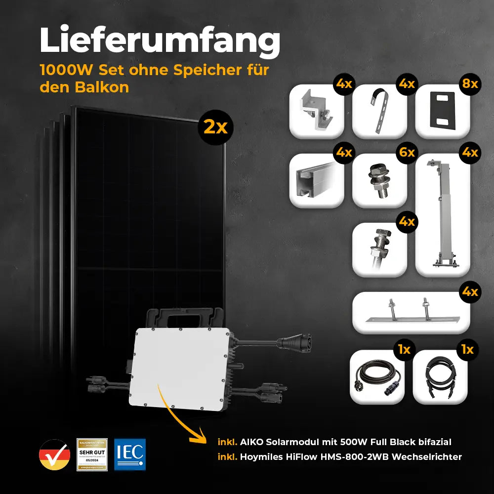 Balkonkraftwerk 1000W/800W - Komplettset Gitterbalkon